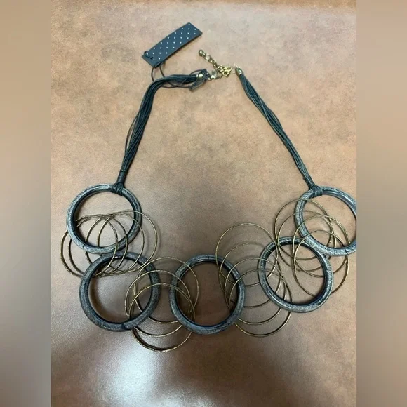 Black and Gold Hoop Necklace with earrings-Contemporary, statement piece - Picture 3 of 9